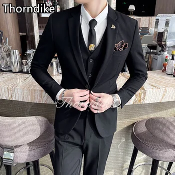 Thorndike 2023 Kostým Homme Black Stojan Golier Muži Obleky, Svadobné Tuxedos Ženícha Sako 3 Kusy Elegantný Oblek (Sako+Nohavice+Vesta)