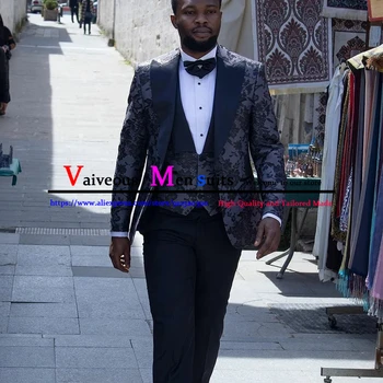 Africké Čierne Kvetované Muži Obleky 3 Ks Svadobné Obleky pre Ženícha Módne Mens Blazer Sady Masculino Formálnej Strany Obleky, Bundy Nohavice